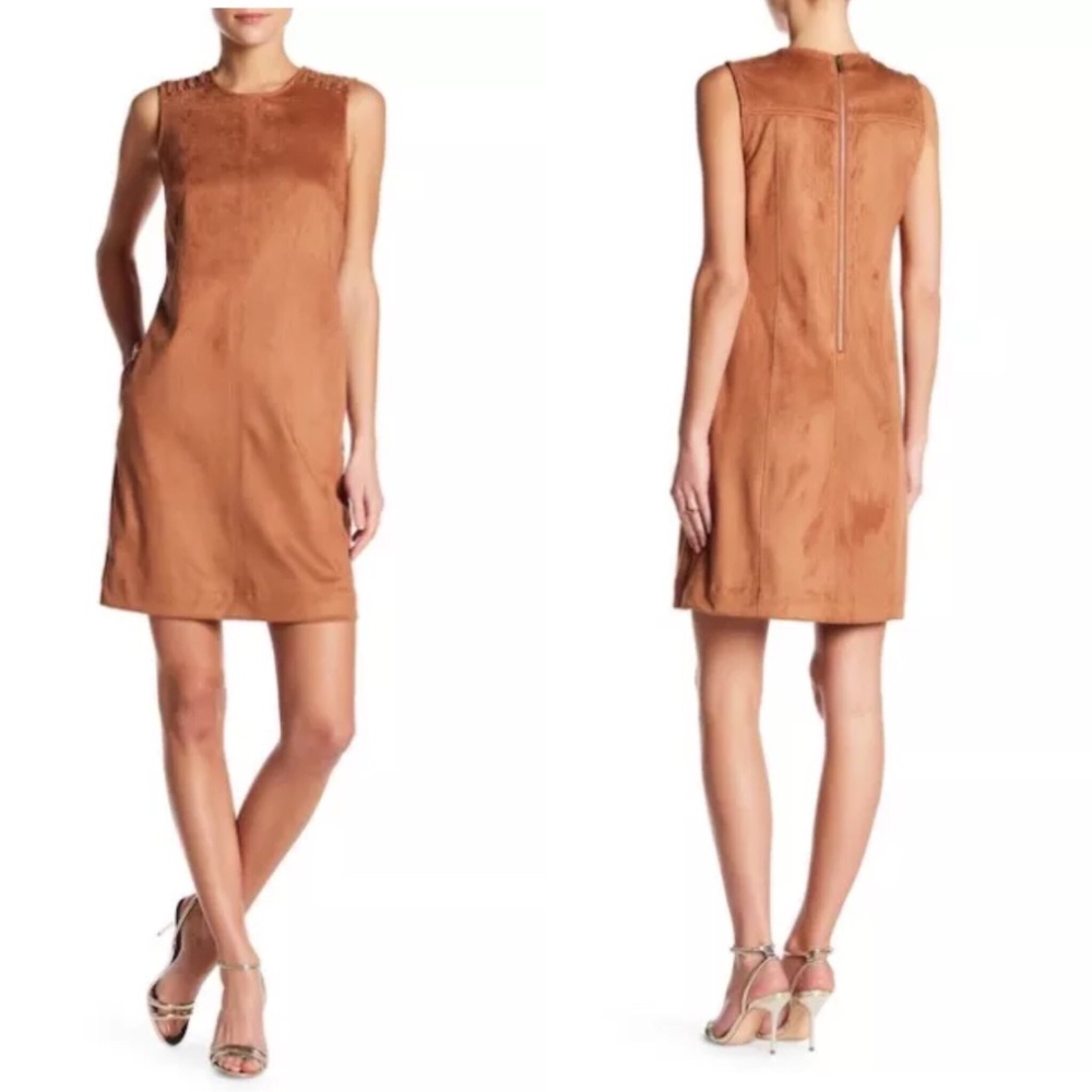 Hope & Harlow Tan Faux Suede LaceUp Shoulder Dress